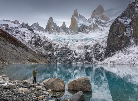 Fitz Roy reflected in a turquoise lake
